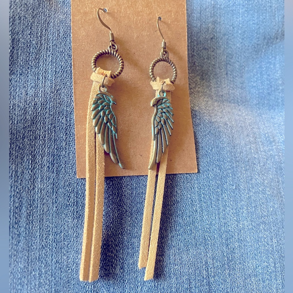 2 for $10. Elegant Winged Earrings with Tan and Teal Accents